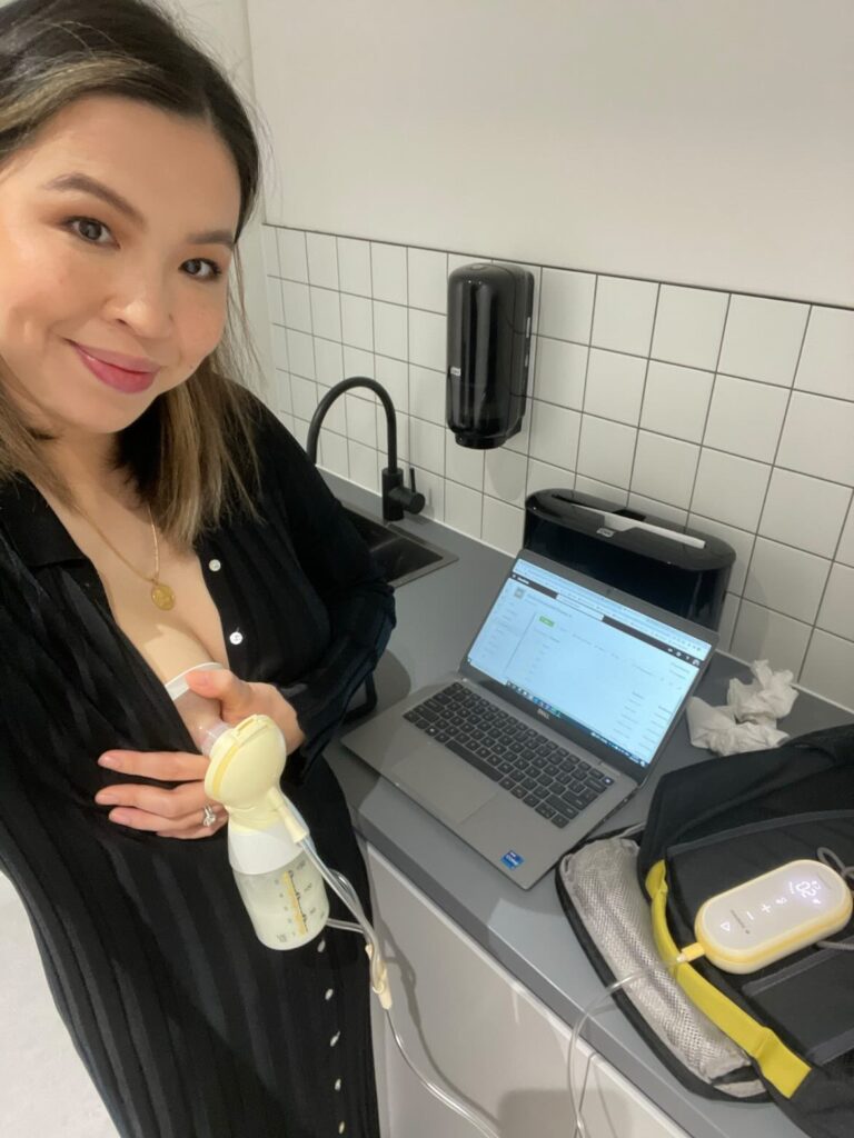 Breastfeeding mother Danielle pumping at work